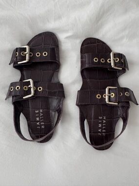 Jamie Haller Women's Double Buckle Croc-Embossed Sandals in Dark Brown